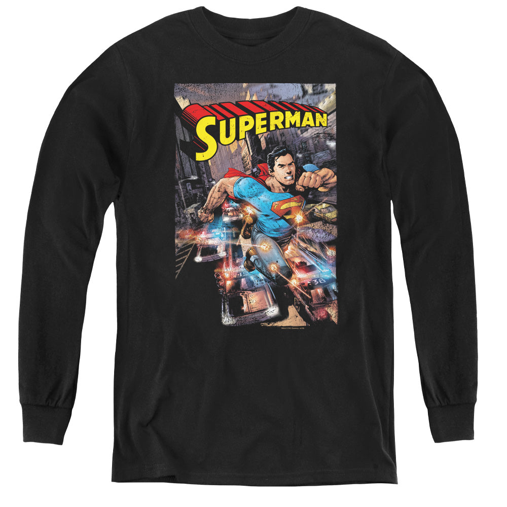 Superman Action One Long Sleeve Kids Youth T Shirt Black