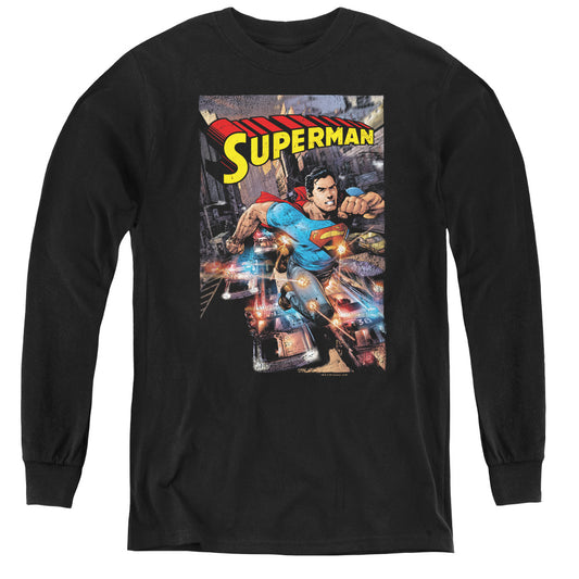 Superman Action One Long Sleeve Kids Youth T Shirt Black