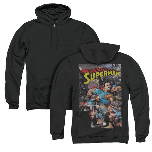 Superman Action One Back Print Zipper Mens Hoodie Black