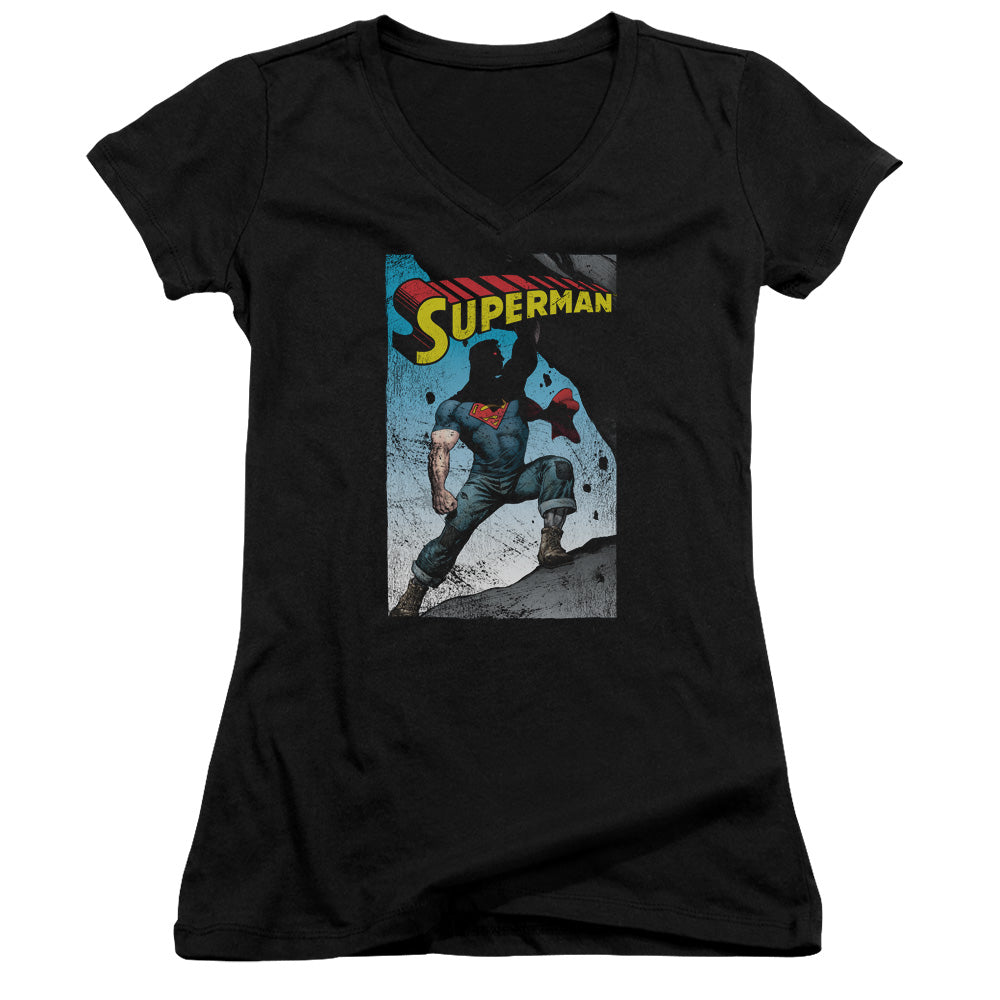 Superman Alternate Junior Sheer Cap Sleeve V Neck Womens T Shirt Black