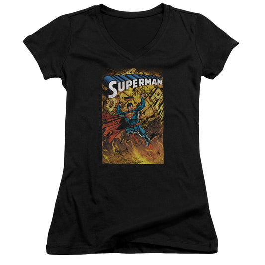 Superman One Junior Sheer Cap Sleeve V Neck Womens T Shirt Black