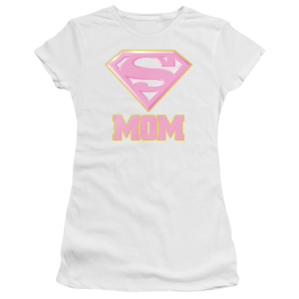 Superman Super Mom Pink Junior Sheer Cap Sleeve Womens T Shirt White