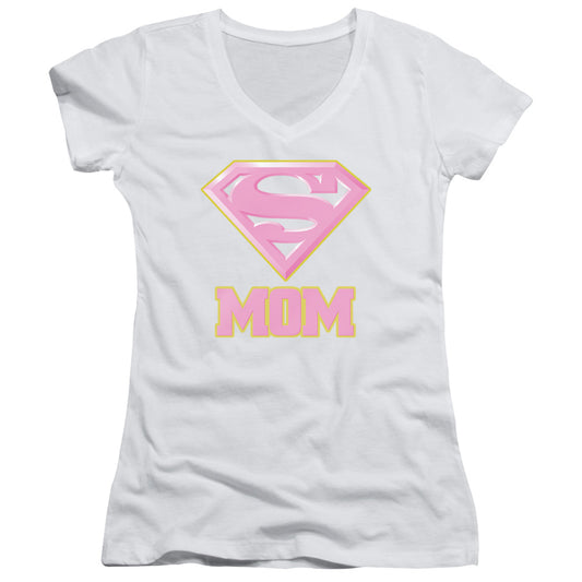 Superman Super Mom Pink Junior Sheer Cap Sleeve V Neck Womens T Shirt White