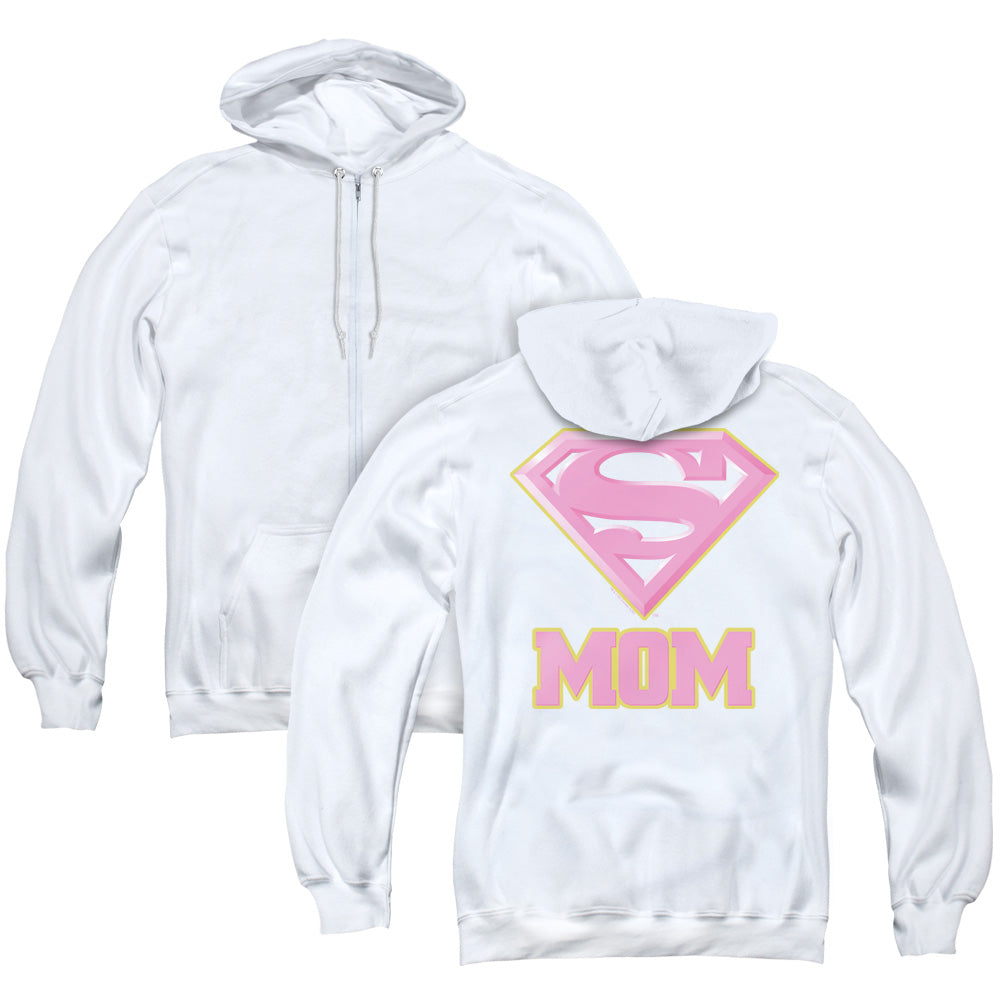 Superman Super Mom Pink Back Print Zipper Mens Hoodie White