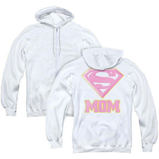 Superman Super Mom Pink Back Print Zipper Mens Hoodie White