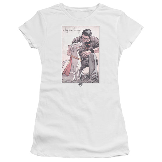 Superman Mans Best Friend Junior Sheer Cap Sleeve Womens T Shirt White