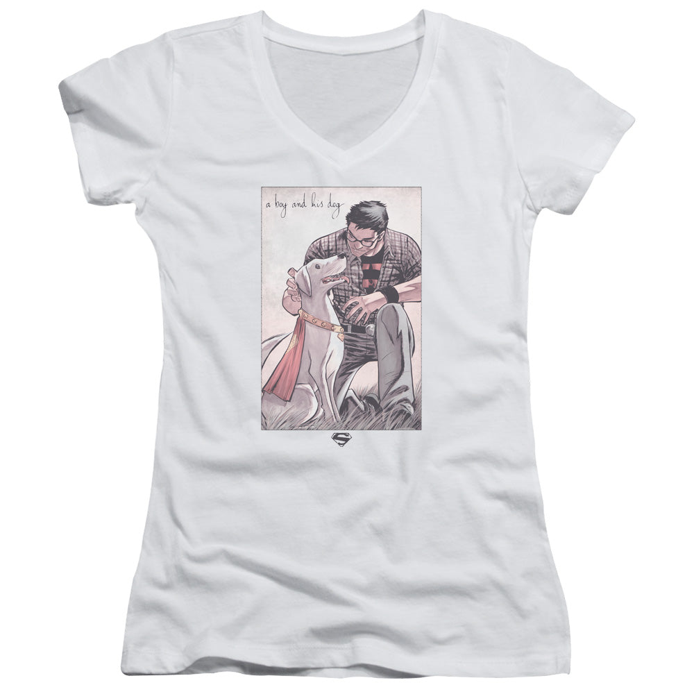 Superman Mans Best Friend Junior Sheer Cap Sleeve V Neck Womens T Shirt White