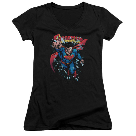 Superman Old Man Kal Junior Sheer Cap Sleeve V Neck Womens T Shirt Black