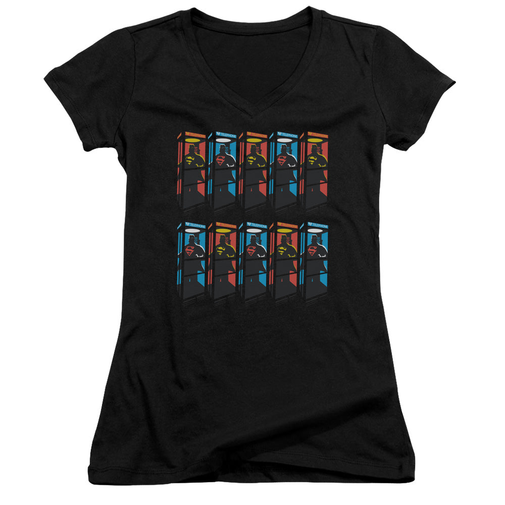 Superman Super Booths Junior Sheer Cap Sleeve V Neck Womens T Shirt Black