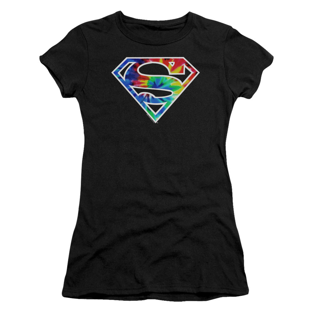 Superman Superman Tie Dye Logo Junior Sheer Cap Sleeve Womens T Shirt Black