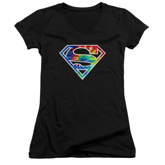 Superman Superman Tie Dye Logo Junior Sheer Cap Sleeve V Neck Womens T Shirt Black