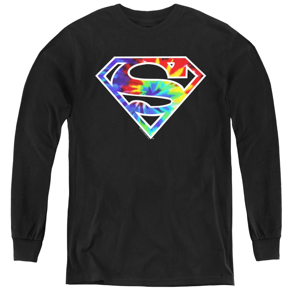 Superman Superman Tie Dye Logo Long Sleeve Kids Youth T Shirt Black