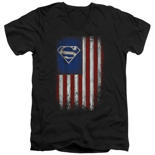 Superman Old Glory Shield Mens Slim Fit V Neck T Shirt Black