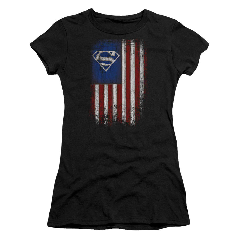 Superman Old Glory Shield Junior Sheer Cap Sleeve Womens T Shirt Black