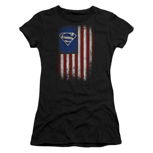 Superman Old Glory Shield Junior Sheer Cap Sleeve Womens T Shirt Black