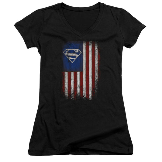 Superman Old Glory Shield Junior Sheer Cap Sleeve V Neck Womens T Shirt Black