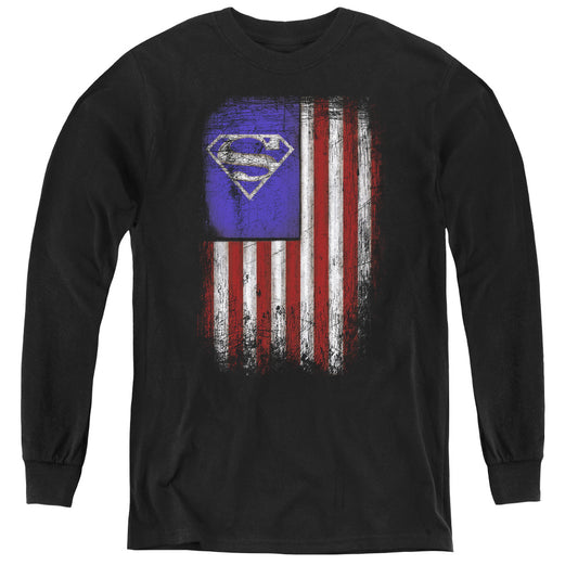 Superman Old Glory Shield Long Sleeve Kids Youth T Shirt Black