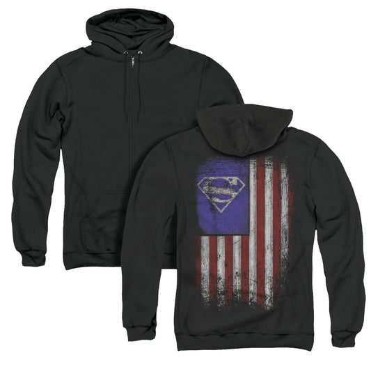 Superman Old Glory Shield Back Print Zipper Mens Hoodie Black