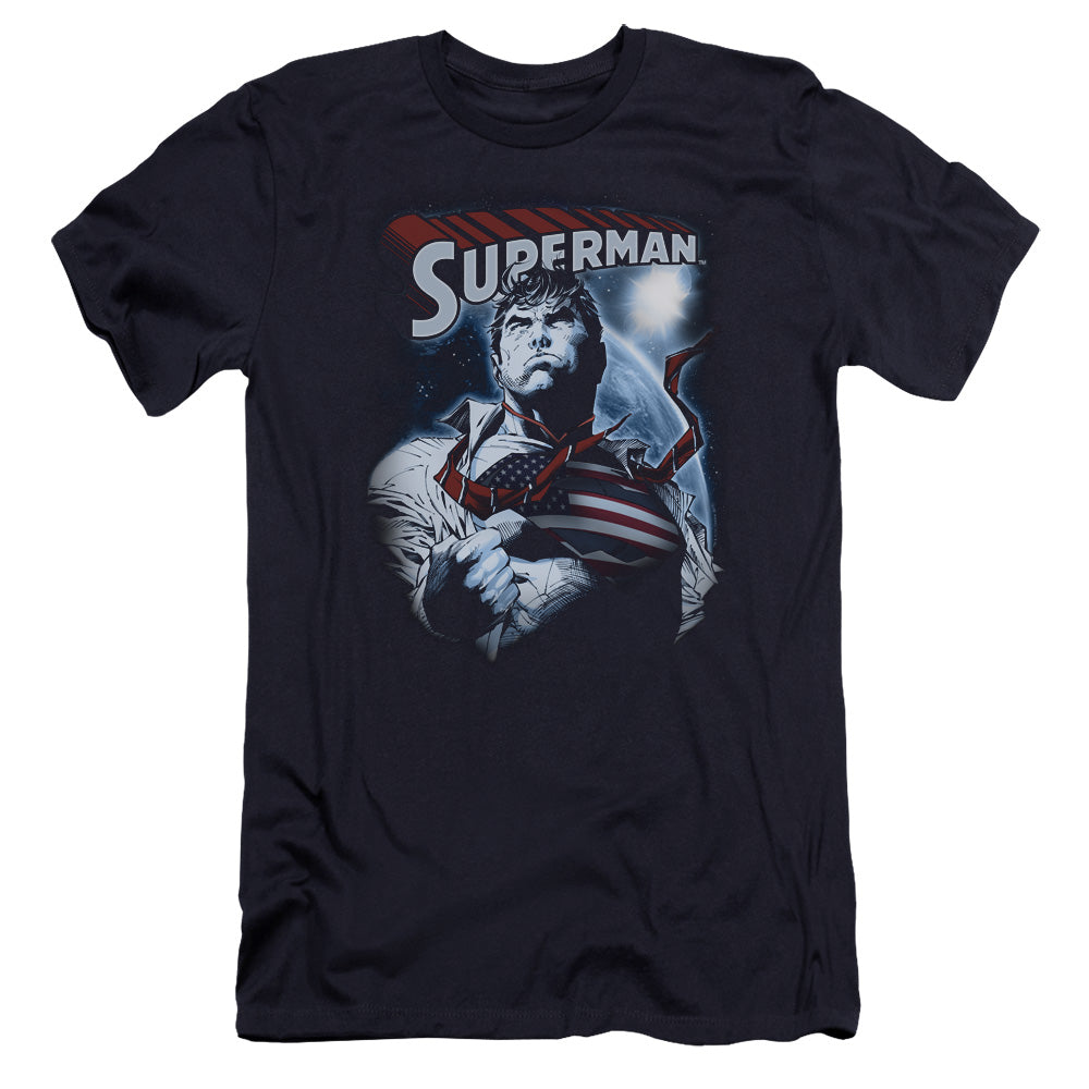 Superman Honor And Protect Premium Bella Canvas Slim Fit Mens T Shirt Navy