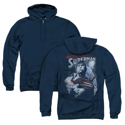 Superman Honor And Protect Back Print Zipper Mens Hoodie Navy