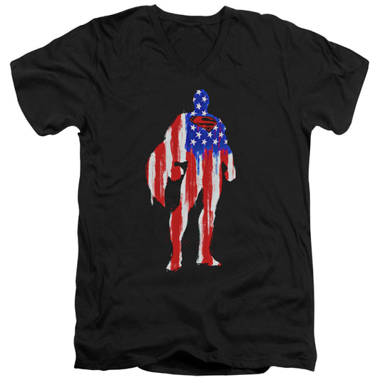 Superman Flag Silhouette Mens Slim Fit V Neck T Shirt Black