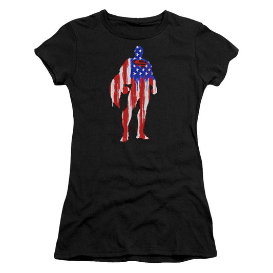 Superman Flag Silhouette Junior Sheer Cap Sleeve Womens T Shirt Black