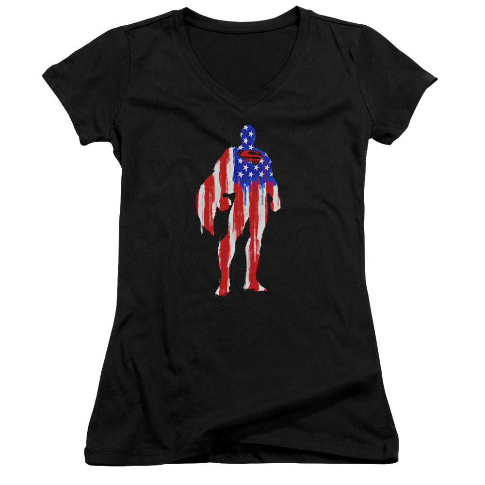 Superman Flag Silhouette Junior Sheer Cap Sleeve V Neck Womens T Shirt Black