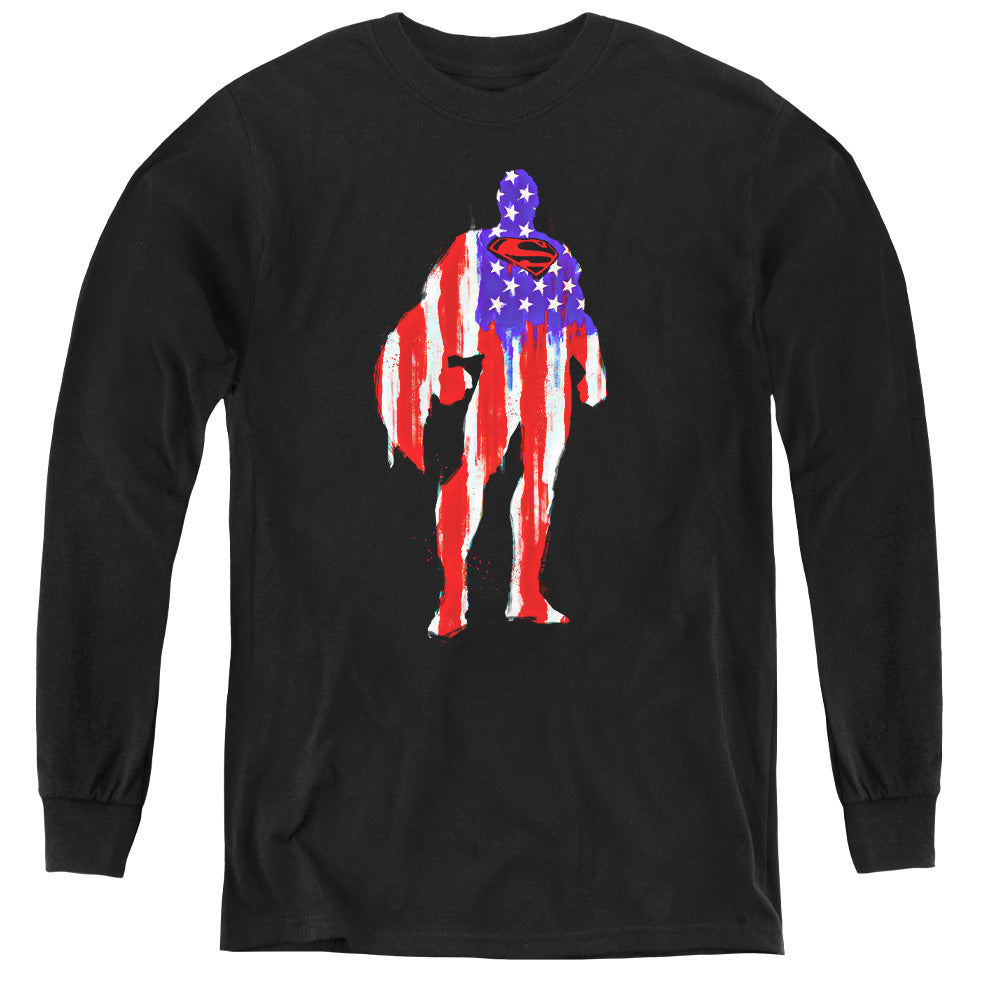 Superman Flag Silhouette Long Sleeve Kids Youth T Shirt Black