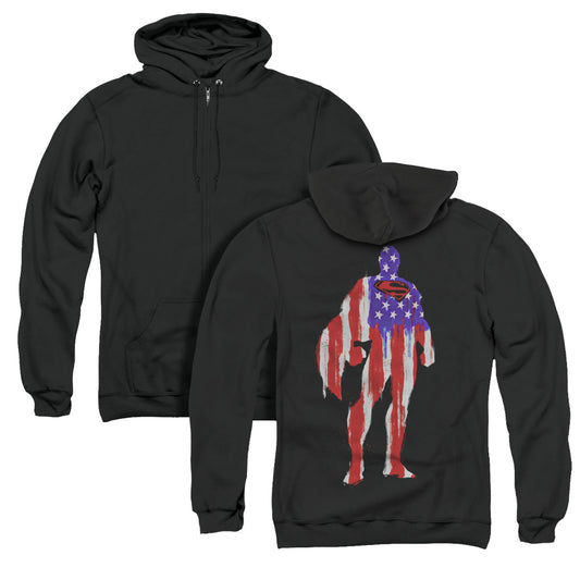 Superman Flag Silhouette Back Print Zipper Mens Hoodie Black