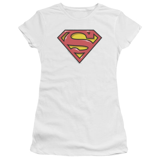 Superman Airbrush Shield Junior Sheer Cap Sleeve Womens T Shirt White