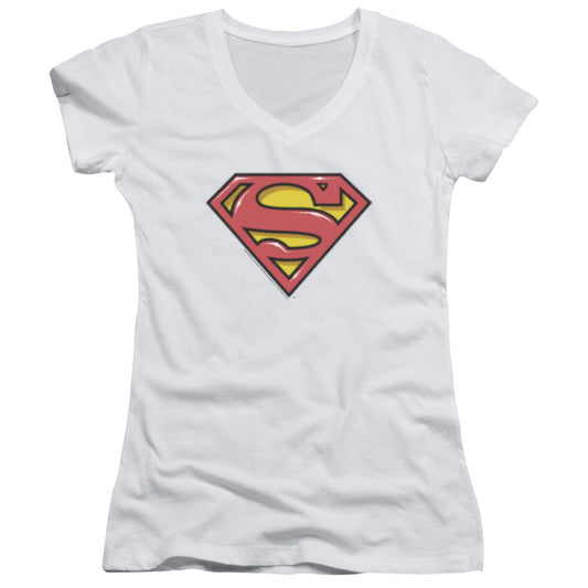 Superman Airbrush Shield Junior Sheer Cap Sleeve V Neck Womens T Shirt White