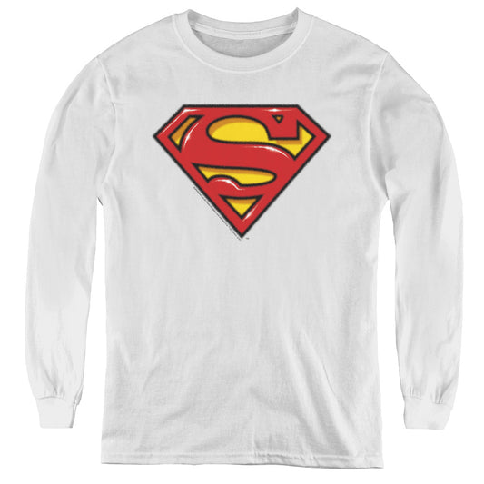 Superman Airbrush Shield Long Sleeve Kids Youth T Shirt White