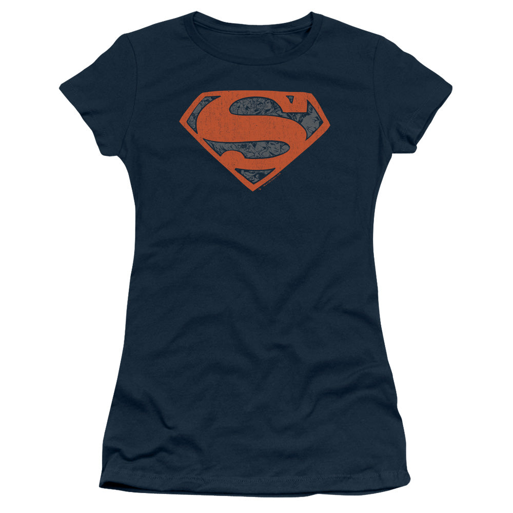 Superman Vintage Shield Collage Junior Sheer Cap Sleeve Womens T Shirt Navy