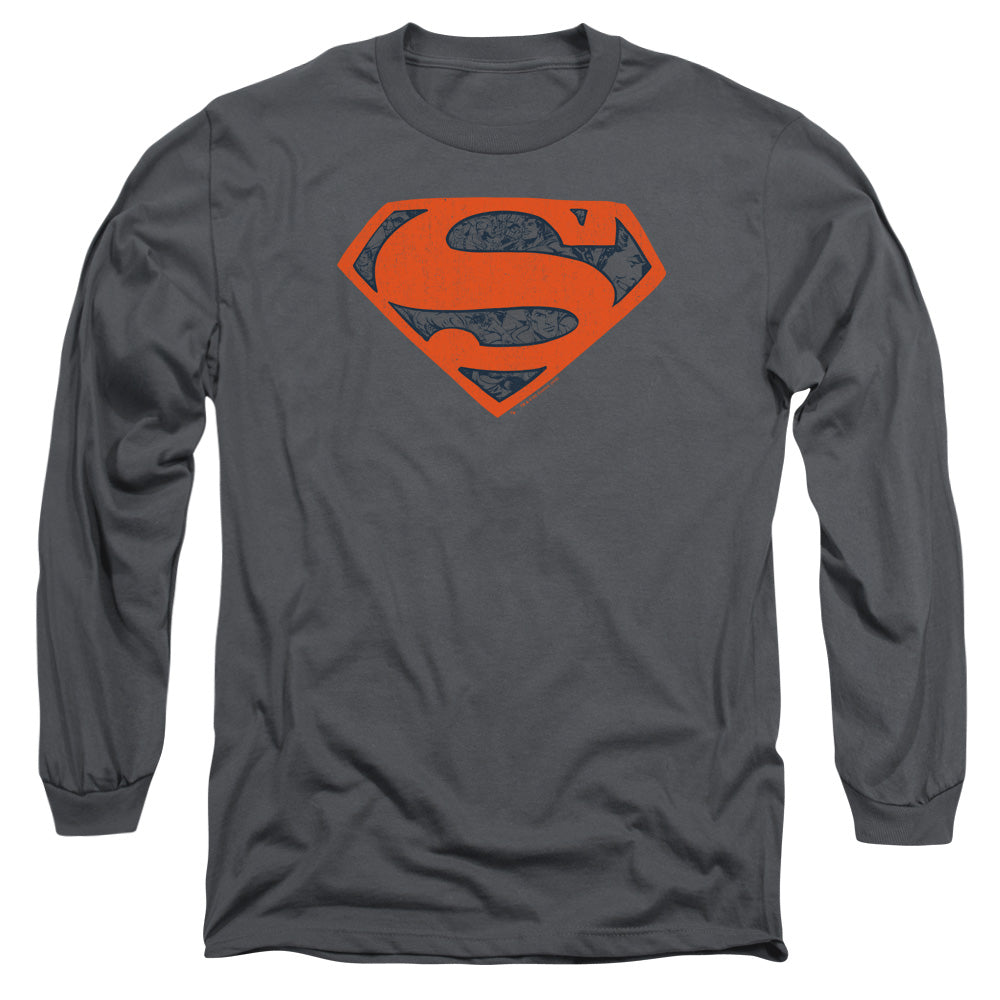 Superman Vintage Shield Collage Mens Long Sleeve Shirt Charcoal