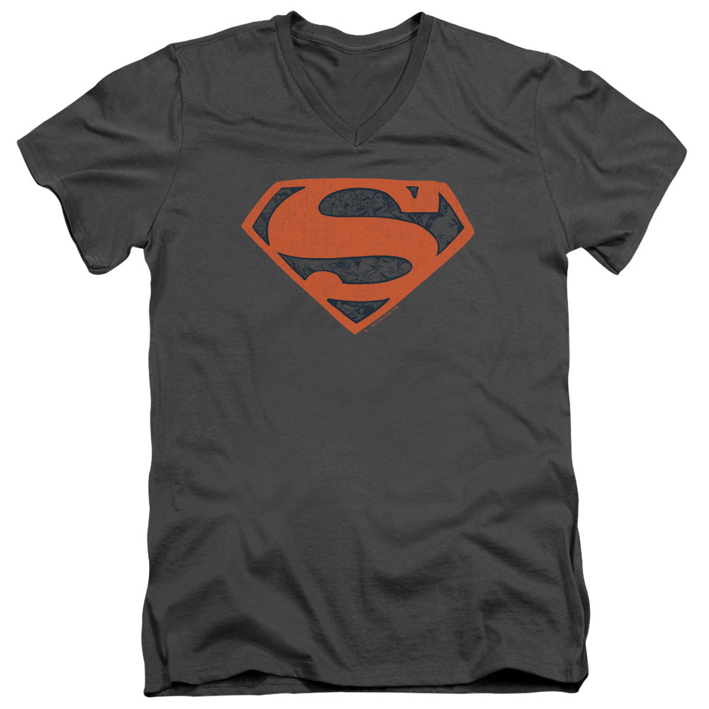 Superman Vintage Shield Collage Mens Slim Fit V Neck T Shirt Charcoal