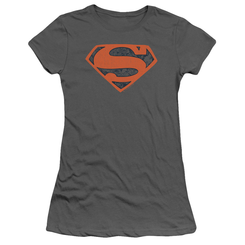 Superman Vintage Shield Collage Junior Sheer Cap Sleeve Womens T Shirt Charcoal