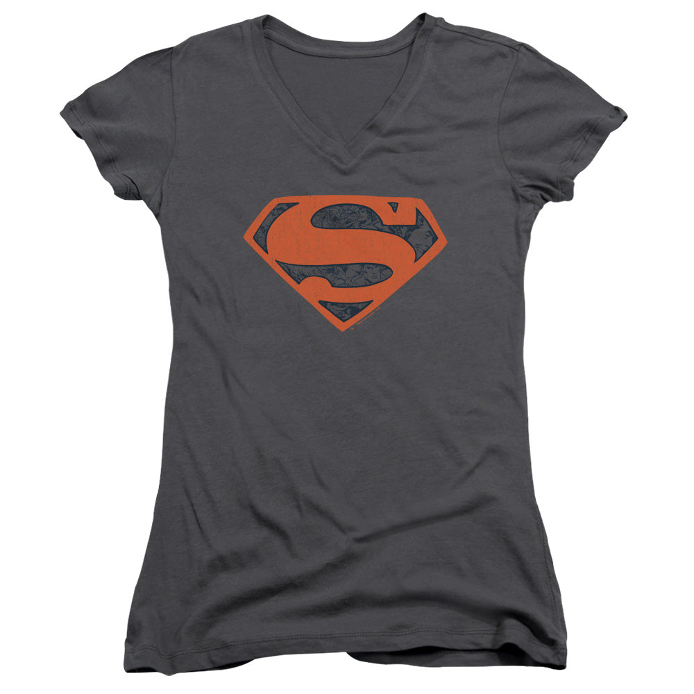 Superman Vintage Shield Collage Junior Sheer Cap Sleeve V Neck Womens T Shirt Charcoal