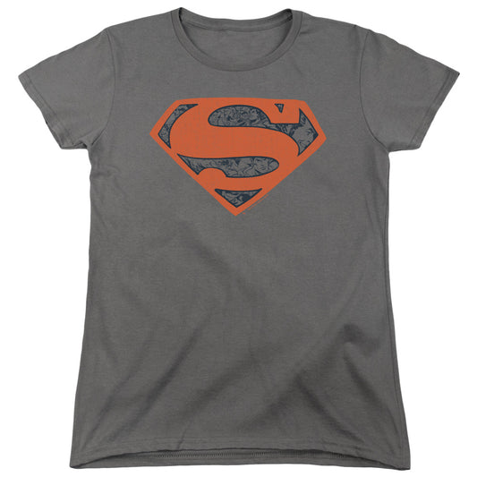 Superman Vintage Shield Collage Womens T Shirt Charcoal