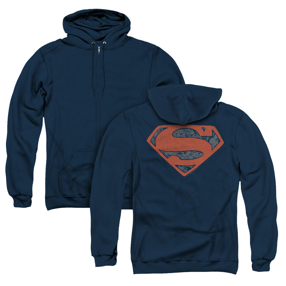 Superman Vintage Shield Collage Back Print Zipper Mens Hoodie Navy