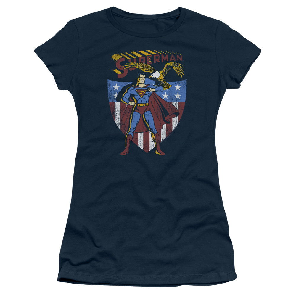 Superman All American Junior Sheer Cap Sleeve Womens T Shirt Navy