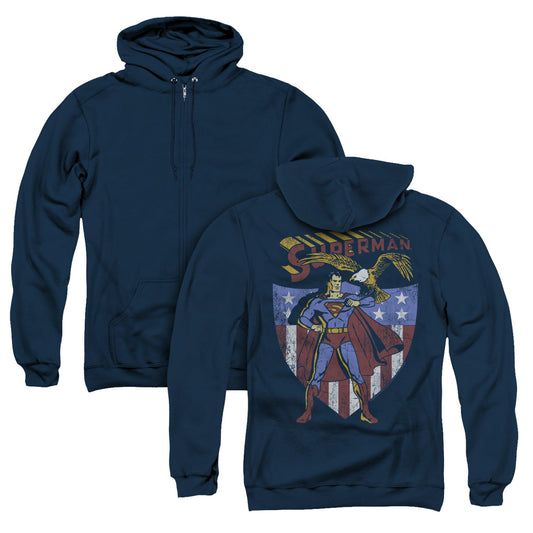 Superman All American Back Print Zipper Mens Hoodie Navy