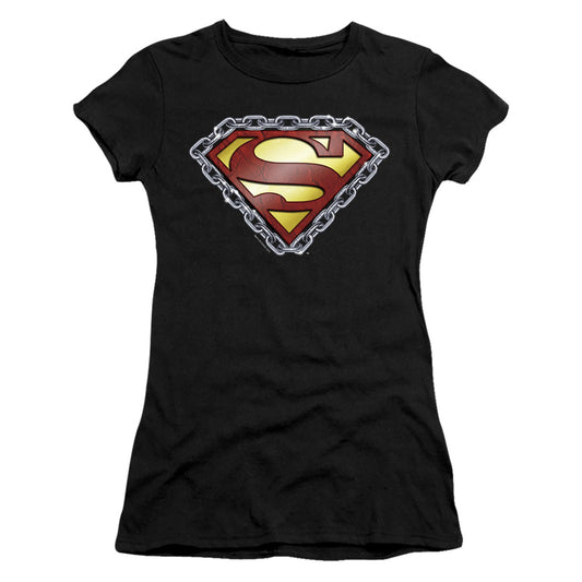 Superman Chained Shield Junior Sheer Cap Sleeve Womens T Shirt Black