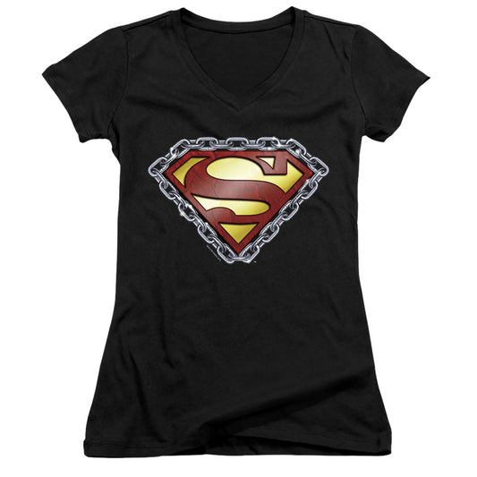 Superman Chained Shield Junior Sheer Cap Sleeve V Neck Womens T Shirt Black