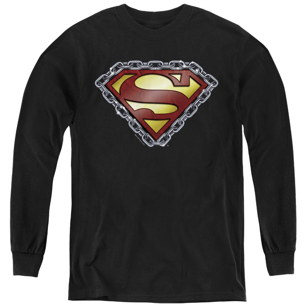 Superman Chained Shield Long Sleeve Kids Youth T Shirt Black