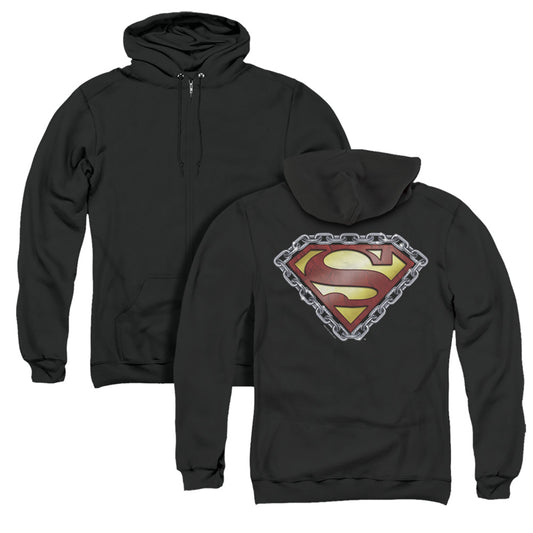 Superman Chained Shield Back Print Zipper Mens Hoodie Black