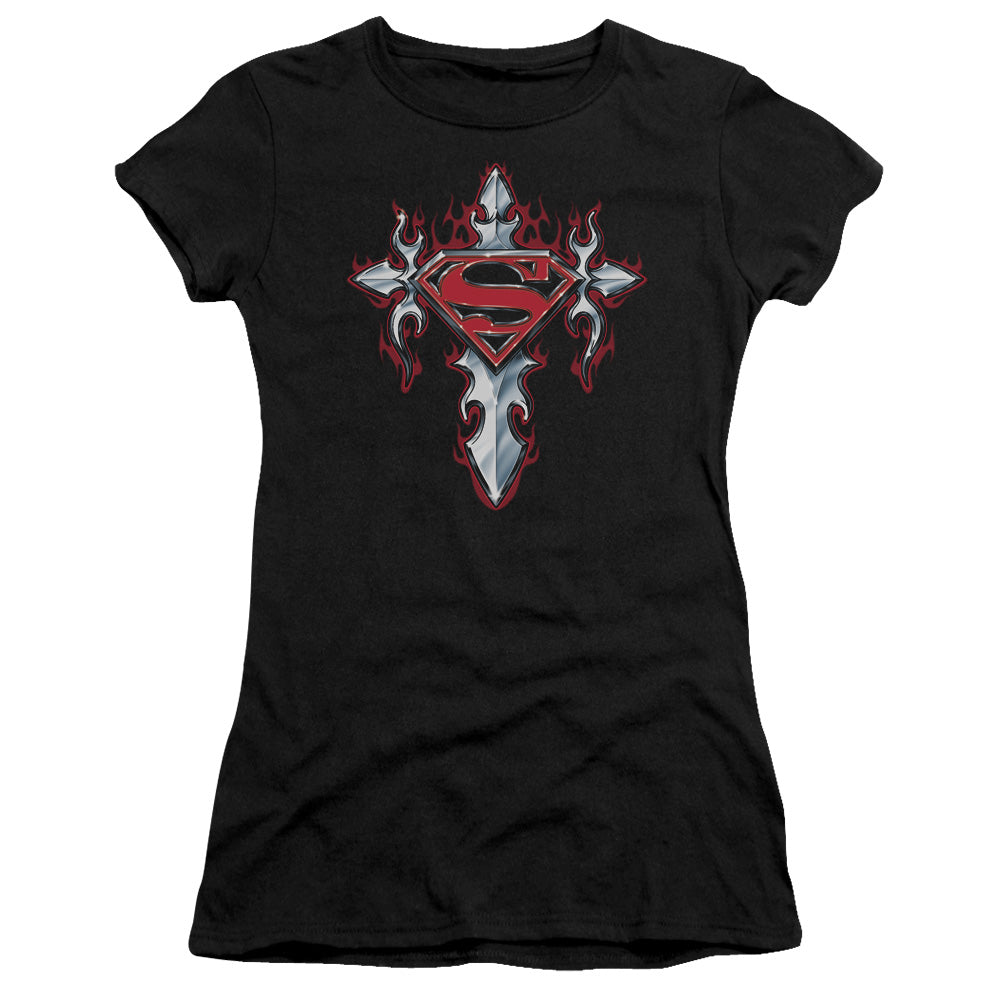 Superman Gothic Steel Logo Junior Sheer Cap Sleeve Womens T Shirt Black