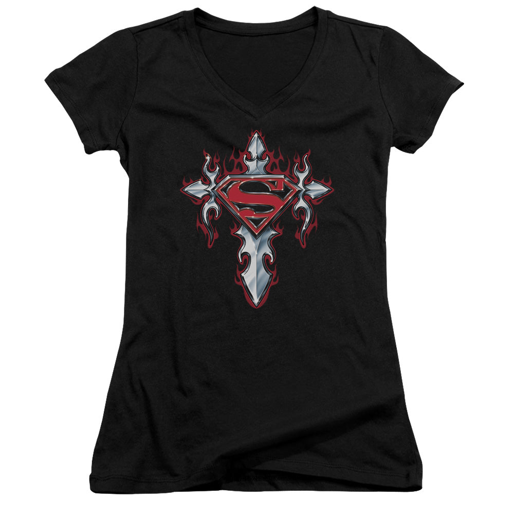 Superman Gothic Steel Logo Junior Sheer Cap Sleeve V Neck Womens T Shirt Black