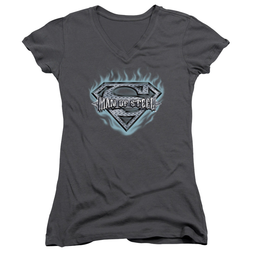 Superman Man Of Steel Shield Junior Sheer Cap Sleeve V Neck Womens T Shirt Charcoal