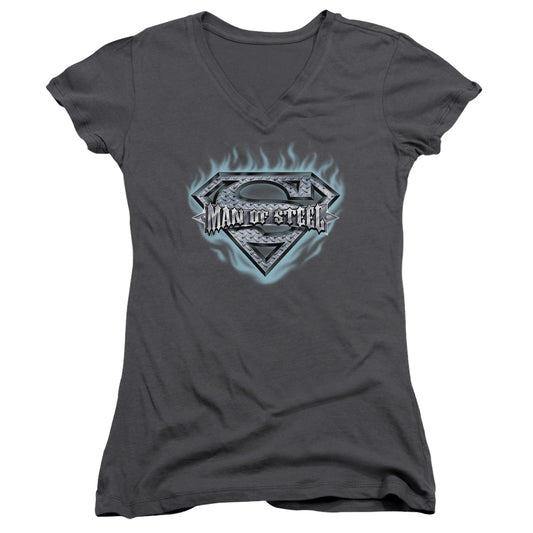 Superman Man Of Steel Shield Junior Sheer Cap Sleeve V Neck Womens T Shirt Charcoal