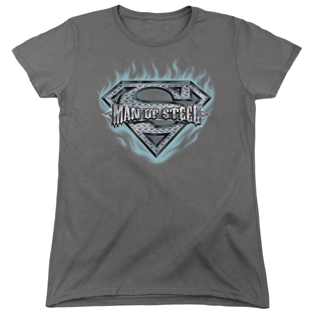 Superman Man Of Steel Shield Womens T Shirt Charcoal